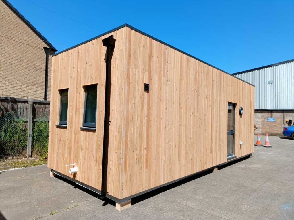 modular building with wooden exterior